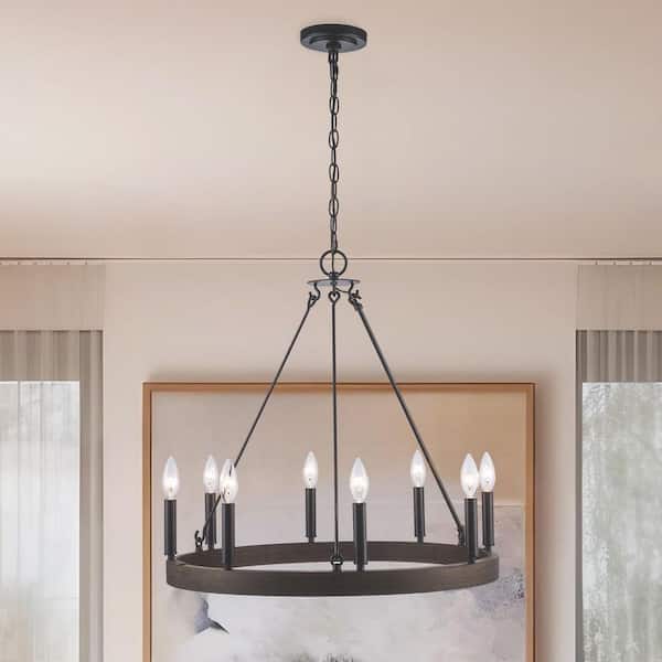 Monteaux Lighting 8-Light Black and Faux Wood Wagon Wheel Chandelier Light Fixture