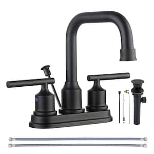 4 in. Centerset Double-Handle High Arc Bathroom Faucet with Drain Kit Included in Matte Black