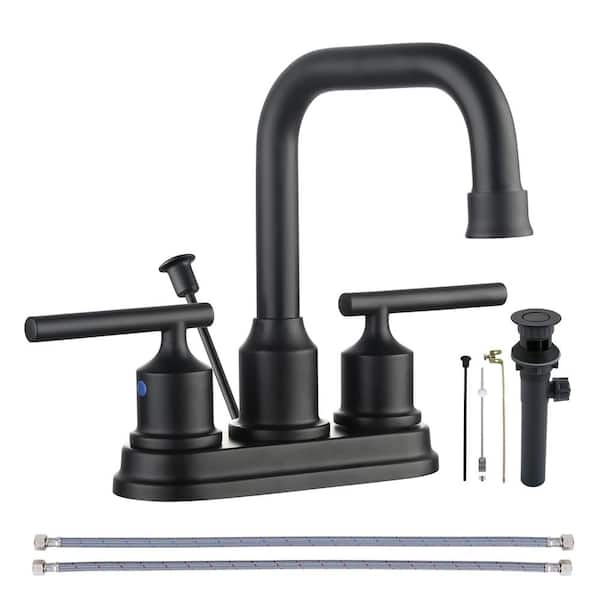 ARCORA 4 in. Centerset Double-Handle High Arc Bathroom Faucet with Drain Kit Included in Matte Black