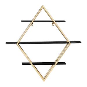 5.1 in. x 23.5 in. x 24 in. Wood and Iron Diamond Wall Shelf in Black and Gold