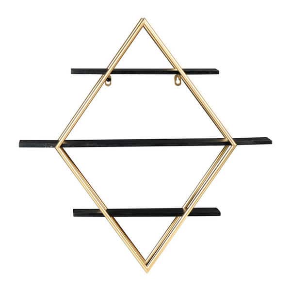 Storied Home 5.1 in. x 23.5 in. x 24 in. Wood and Iron Diamond Wall Shelf in Black and Gold