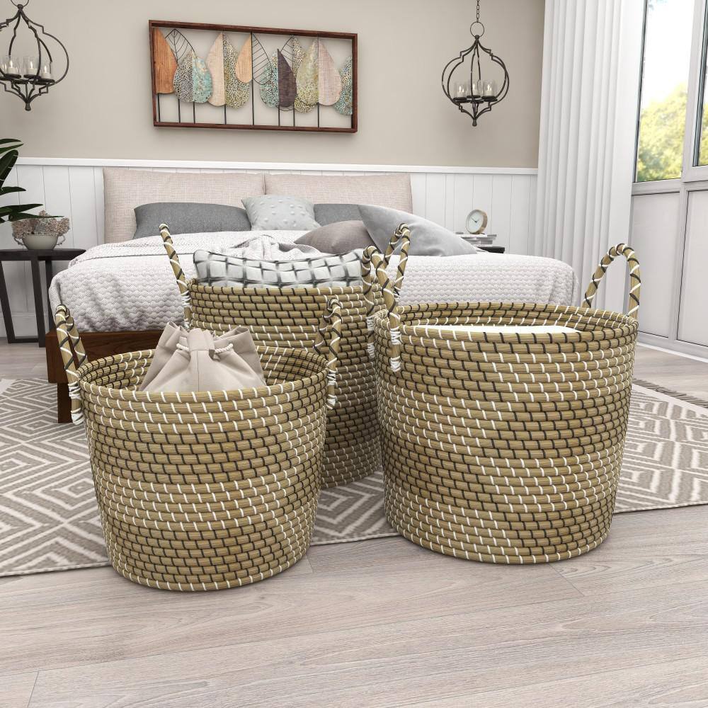 Beige and Black Seagrass Round Storage Baskets, Set of 3