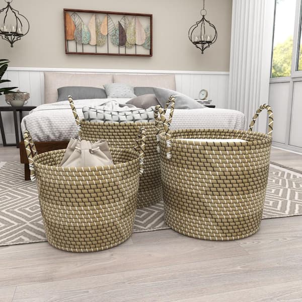 Litton Lane Seagrass Handmade Two Toned Storage Basket with