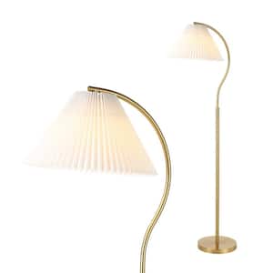 Devon 60.5 in. Brass Gold/White Standard Floor Lamp Modern Glam Metal Arc LED with Pleated Shade