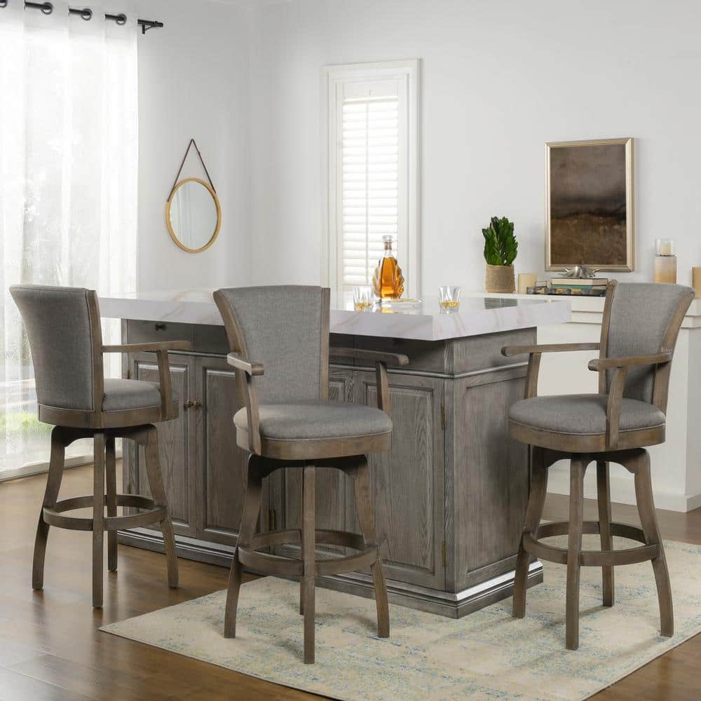 Distressed Wood Swivel Bar Stool with Gray Leather Cushion and Armrests