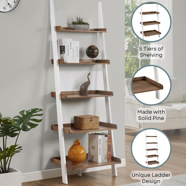 American Heritage 72 in. Driftwood/White Wood 5-Shelf Ladder Bookcase