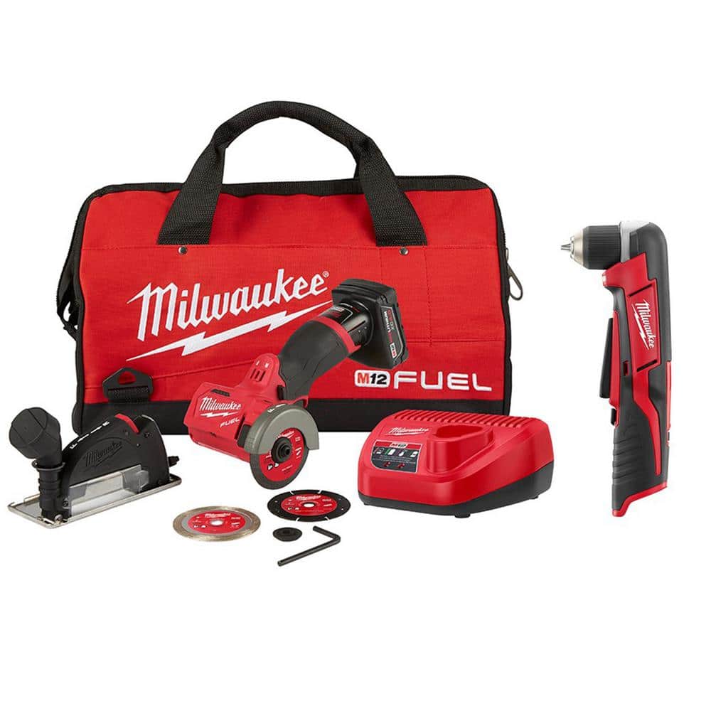 Milwaukee M12 FUEL 12V in. Lithium-Ion Brushless Cordless Cut Off Saw Kit  with M12 3/8 in. Right Angle Drill 2522-21XC-2415-20 The Home Depot