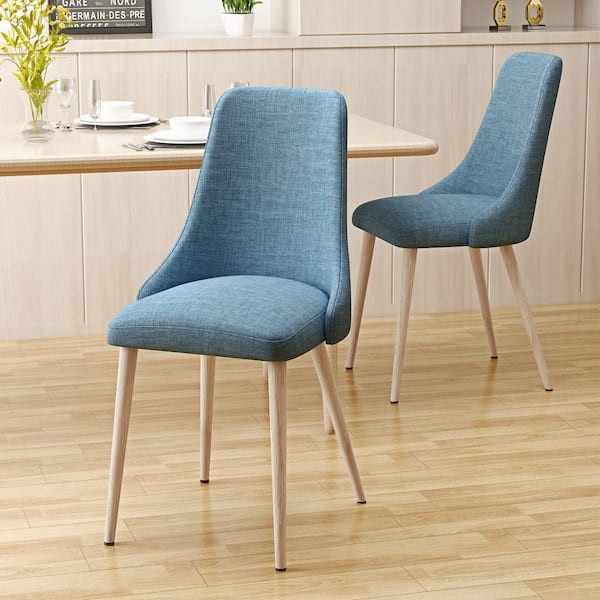 Unbranded Mid Century Modern Fabric Armless Dining Chairs - Set of 2, Blue and Light Walnut