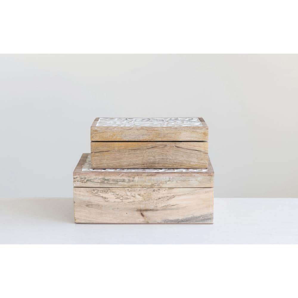 Set of 2 Whitewashed Mango Wood Lidded Storage Boxes