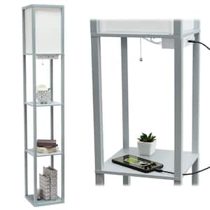 62.5 in. Gray Floor Lamp Etagere Organizer Storage Shelf with 2 USB Charging Ports, 1 Charging Outlet and Linen Shade