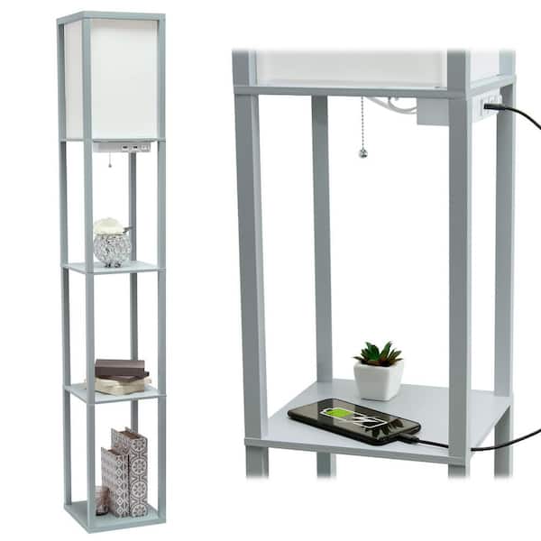Simple Designs 62.5 in. Gray Floor Lamp Etagere Organizer Storage Shelf with 2 USB Charging Ports, 1 Charging Outlet and Linen Shade