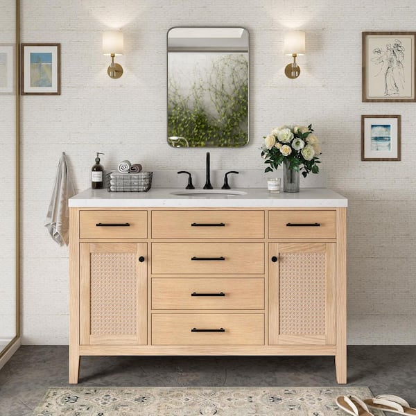 ARIEL Camila 54 in. Single Sink Freestanding Bathroom Vanity in White Oak with Carrara White Quartz Top