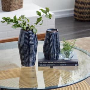 11 in., 8 in. Dark Blue Handmade Chevron Ceramic Decorative Vase (Set of 2)