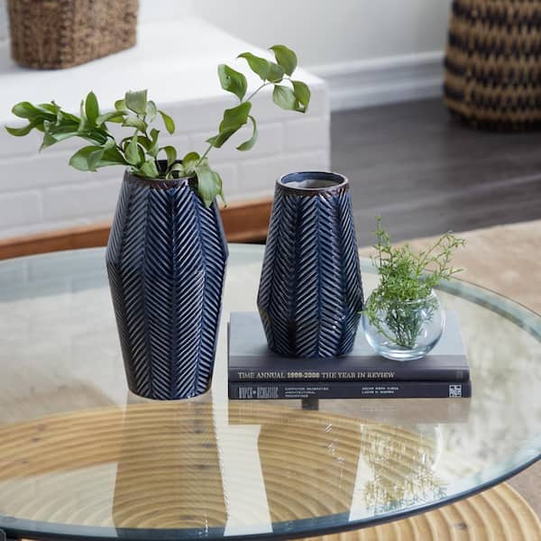 Litton Lane 11 in., 8 in. Dark Blue Handmade Chevron Ceramic Decorative Vase (Set of 2)