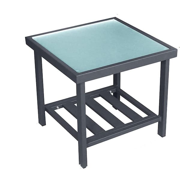 Movisa Rustic Aluminum Outdoor Side Table with Storage Space，Patio Tempered Glass