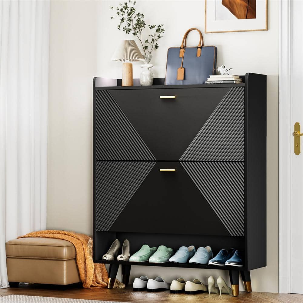 anpport 45.24 in. H x 32.68 in. W Black Wood Shoe Storage Cabinet with 2-Drawers and 1-Open Shelf, Fits up to 20-Pair Of Shoes ZWHWF301646AAB - The Home Depot
