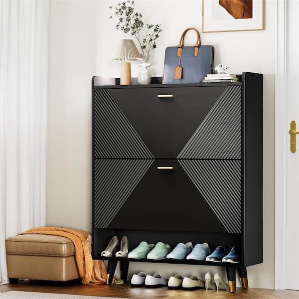 anpport 45.24 in. H x 32.68 in. W Black Wood Shoe Storage Cabinet with 2-Drawers and 1-Open Shelf, Fits up to 20-Pair Of Shoes