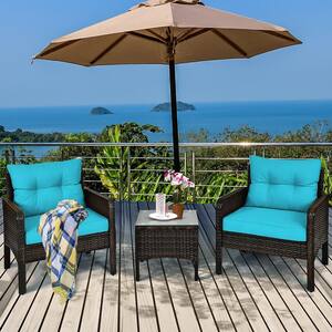 Brown 3-Piece Wicker Patio Conversation Seating Set with Turquoise Cushions