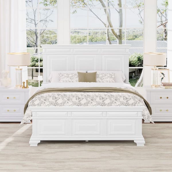 Abner White Solid Wood Frame Queen size Platform Bed with Slat, Tall Headboard, and Footboard