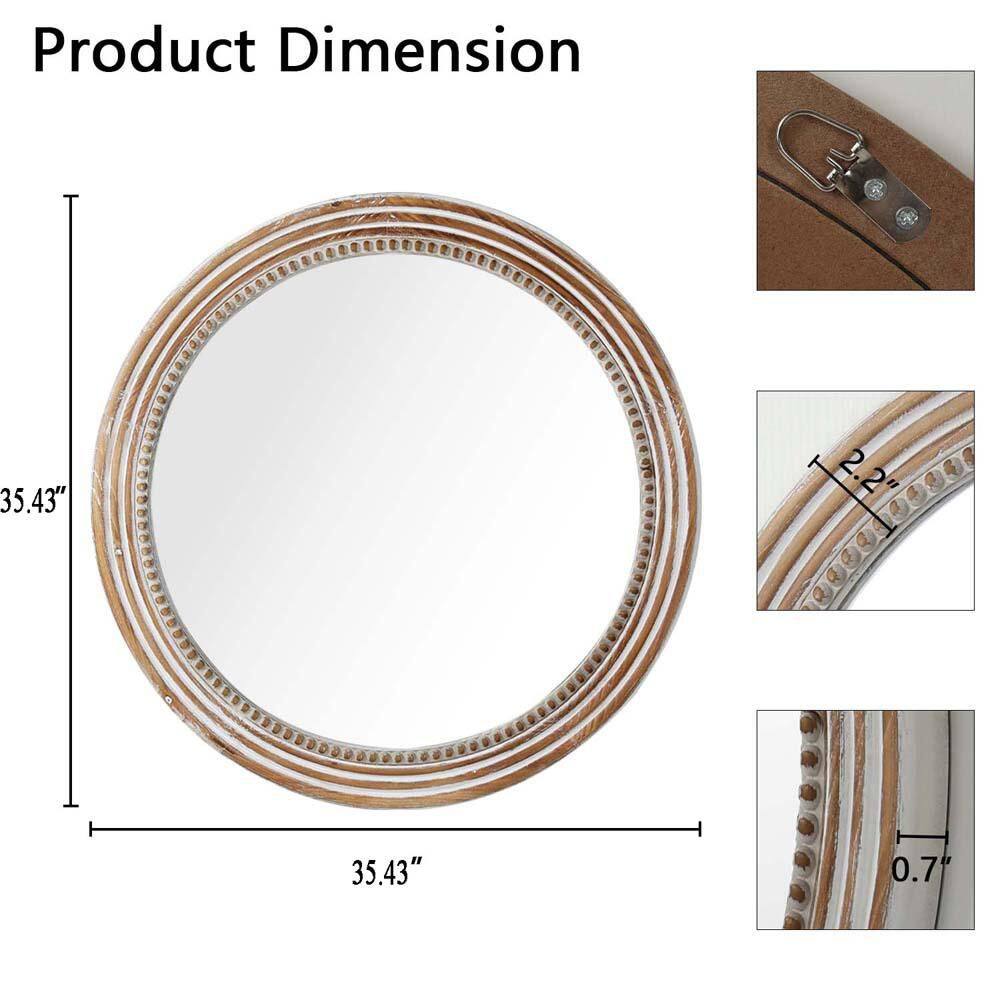 White 35.43 in W x 35.43 in. H Rustic Round Wall Mirror,Wood Circle Mirror with Beads for Living Room