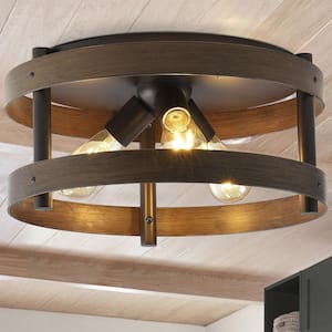 Cooper 16 in. 3-Light Dark Brown Wood Finish/Oil Rubbed Bronze Farmhouse Industrial Iron LED Flush Mount