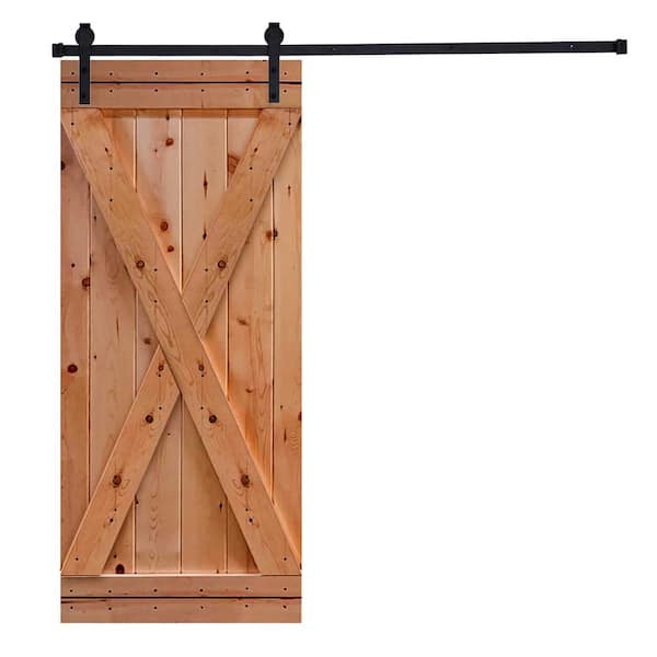 AIOPOP HOME X-Bar Serie 36 in. x 84 in. Mahogany Knotty Pine Wood DIY Sliding Barn Door with Hardware Kit