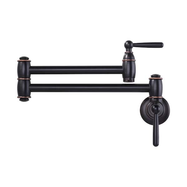 IVIGA Brass Wall Mount Pot Filler with Brass Valve, 2-Handles, Double Joint Swing Arms and 2-Aerators in Oil Rubbed Bronze
