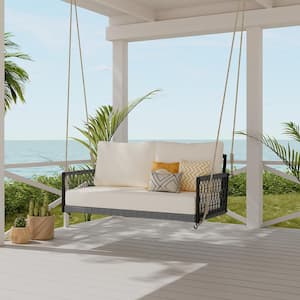 Sling Woven Rope Outdoor Swing Sofa Porch Swing with Beige Soft Cushions Seating for Patio, Courtyard and Balcony