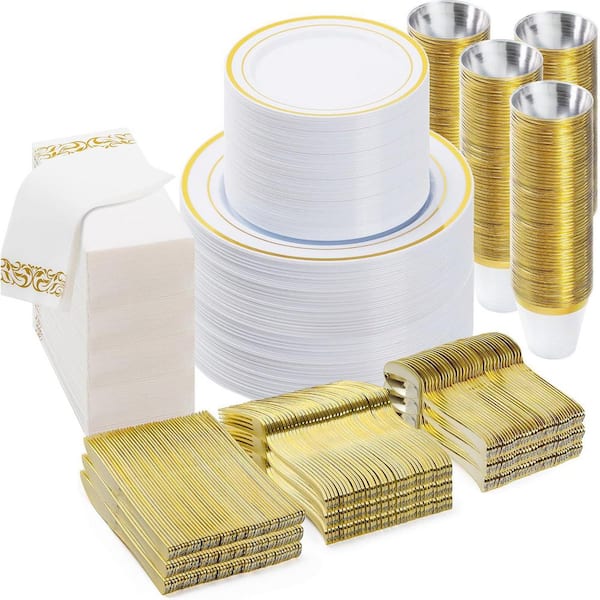 Gold Disposable Plastic Dinnerware Set for 100-Guests (700-Pieces)