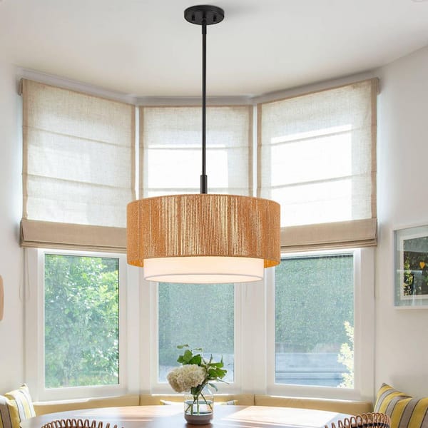 KAWOTI 1-Light Black Pendant Light with Rattan Shade and Fabric Shade