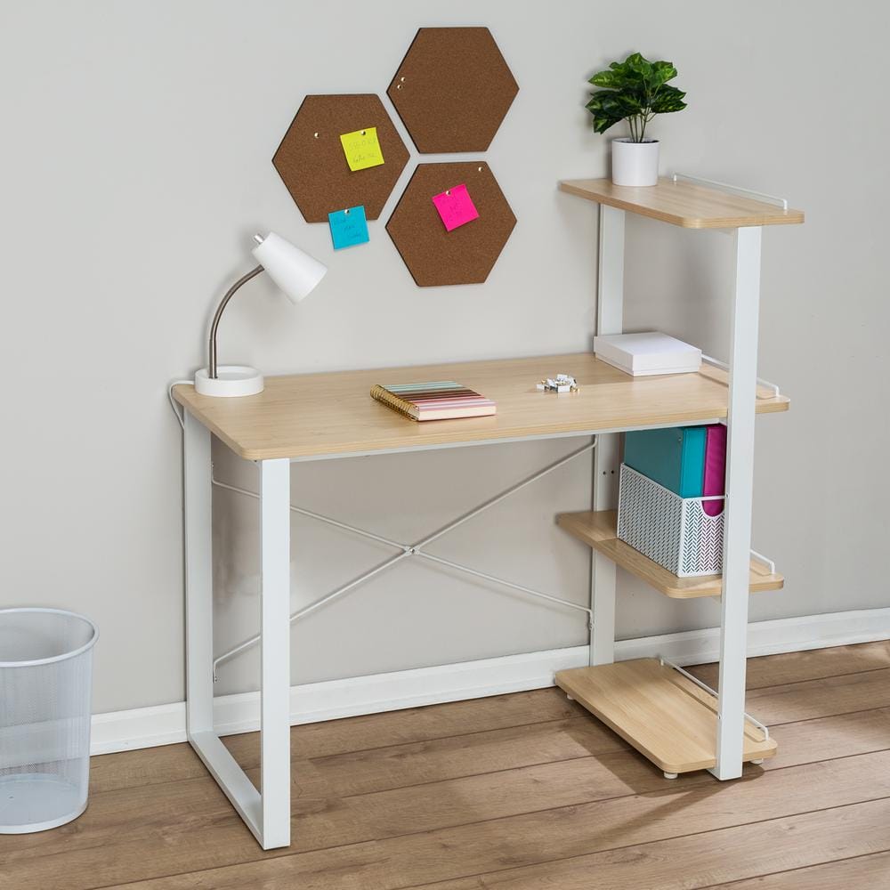 43.4 in. W Rectangle White MDF and Steel Writing Desk with 4-Tier Side Shel