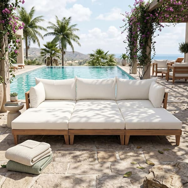 Brown Wood Outdoor Day Bed with 5 Pillows and 6 Beige Cushions for Backyard