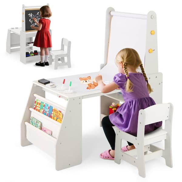 2-Piece Rectangle Wood Top Gray Kids Art Table and Chair Set with Easel & Chair Whiteboard & Chalkboard Paper Roll