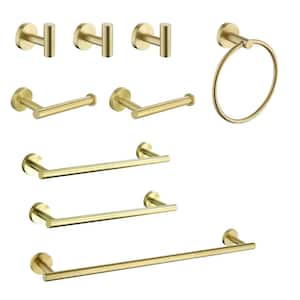 9-Piece Bath Hardware Set with Mounting Hardware in Brushed Gold, Wall Mounted Stainless Steel Towel Rack Set