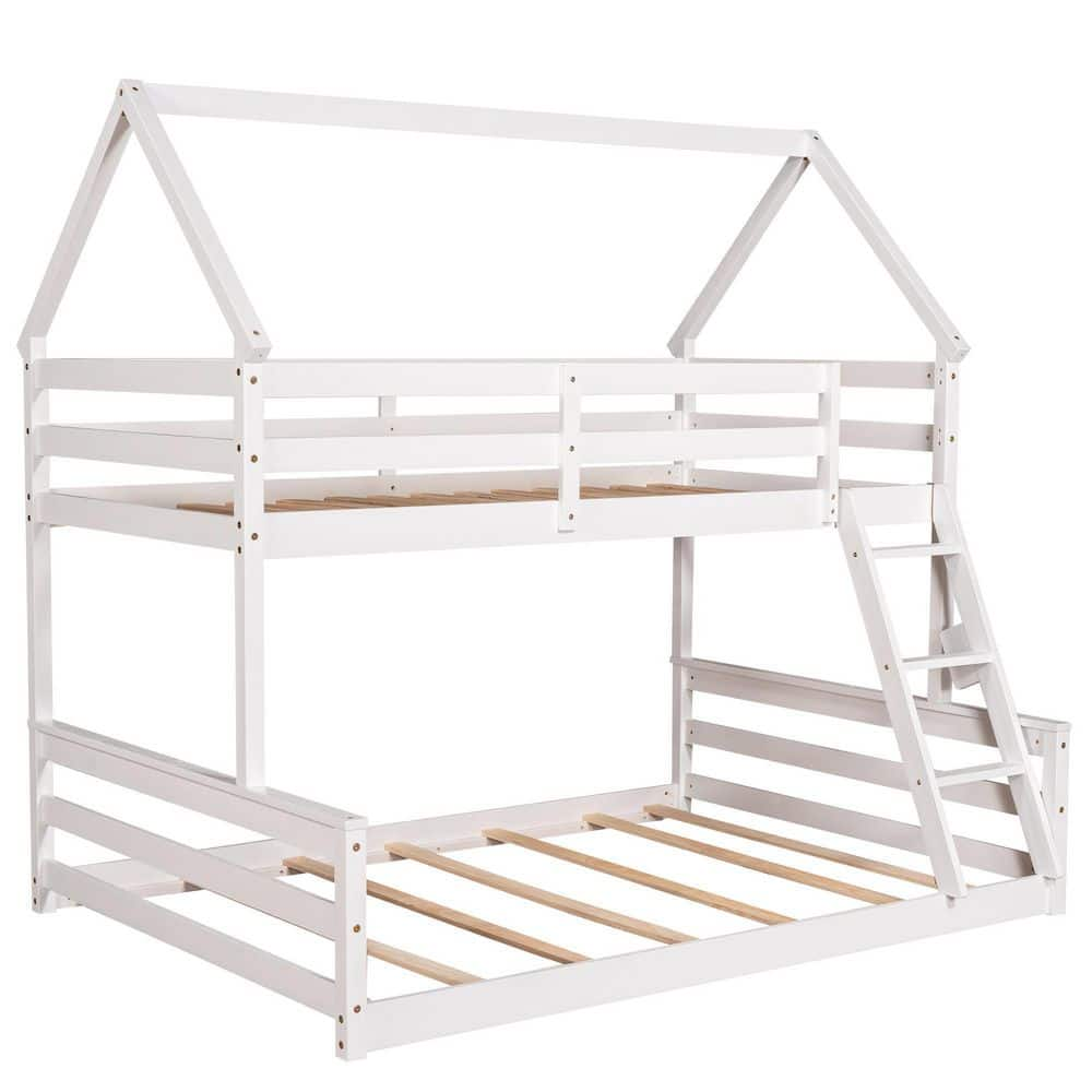 VERYKE White Wood Twin Over Full House Bunk Bed with Built-in Ladder DB ...