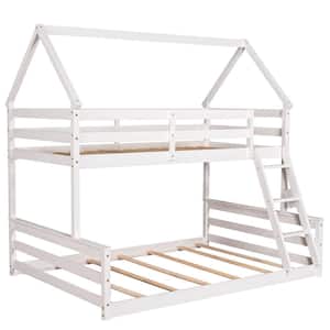 White Wood Twin Over Full House Bunk Bed with Built-in Ladder