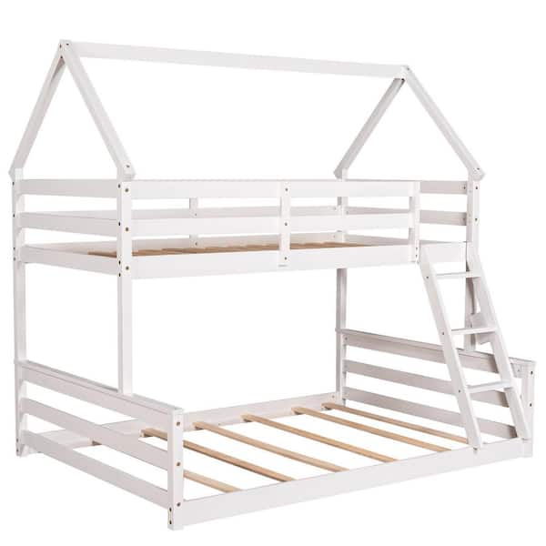 VERYKE White Wood Twin Over Full House Bunk Bed with Built-in Ladder