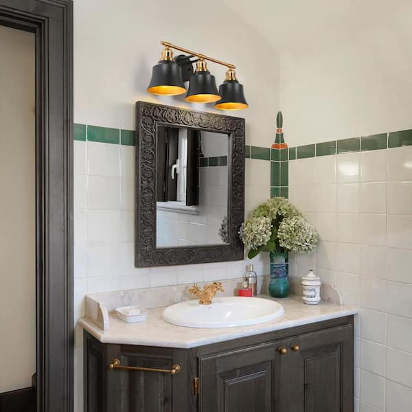 22 in. 3-Light Modern Transitional Black and Gold Bathroom Vanity Light with Metal Shades, Mid-Century Wall Light