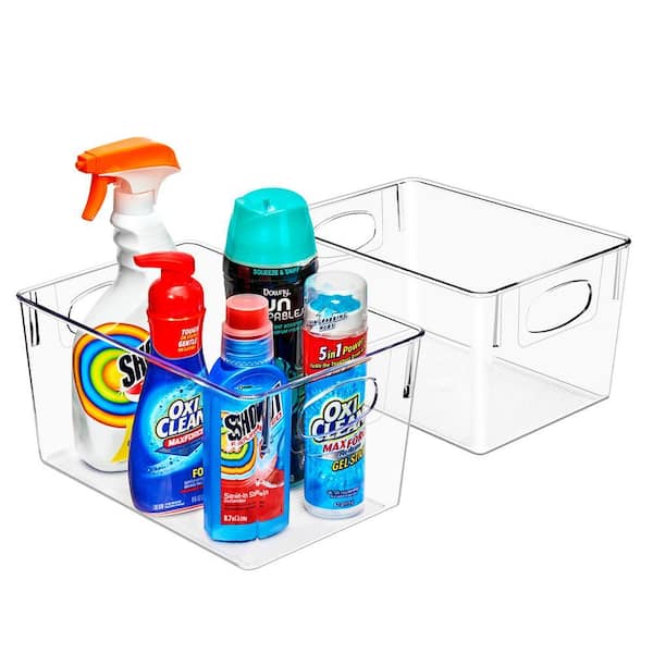 4 Pack Large Clear Plastic Storage Bin with Handles, Under Sink Organizers for Bathroom, Laundry, Kitchen, and Pantry