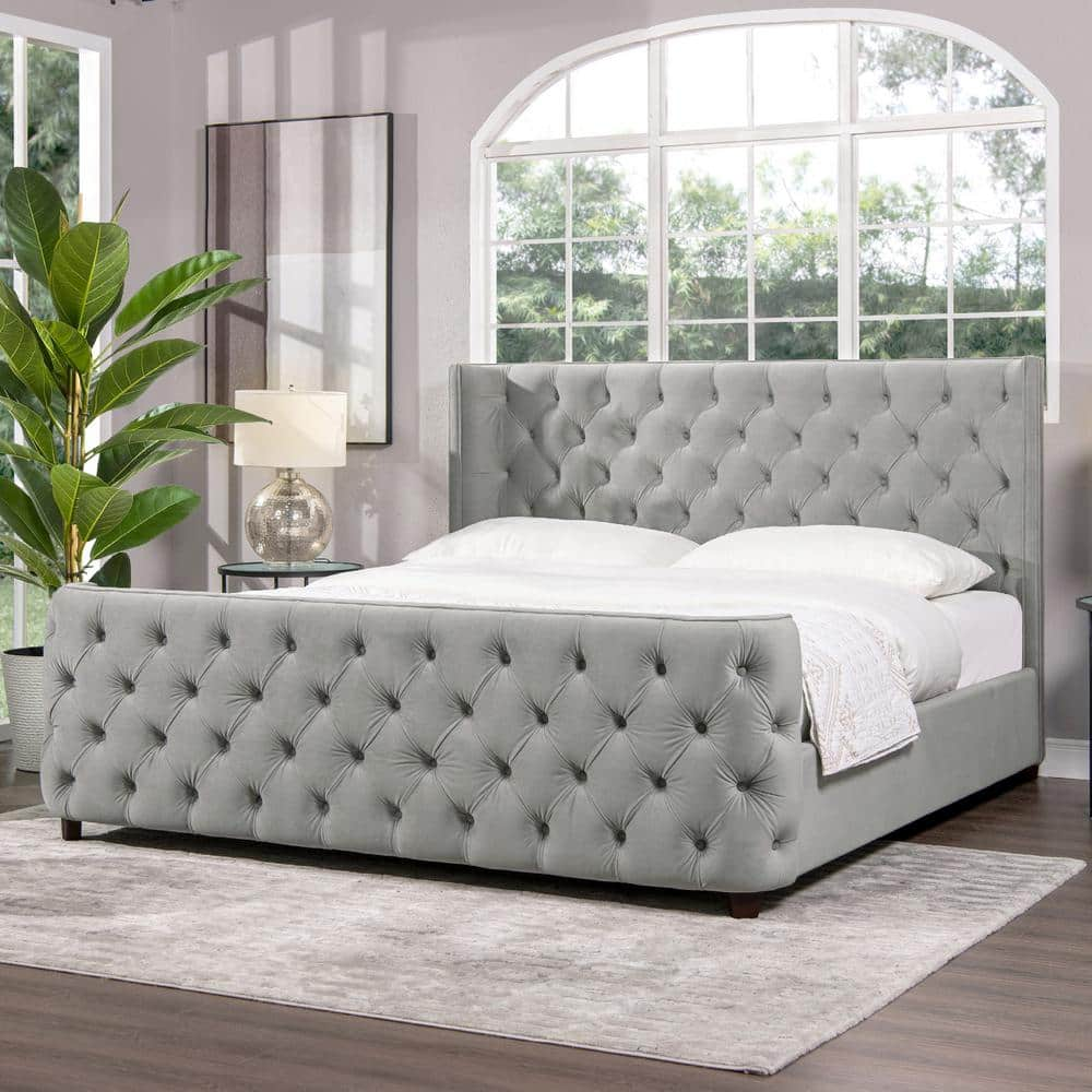 Jennifer Taylor Geneva Gray Velvet Frame King Platform Bed with Curved ...