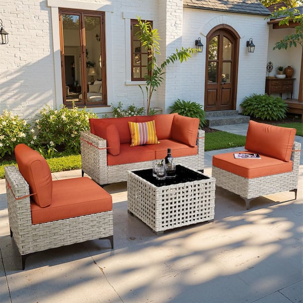 OVIOS Supery Gray 5-Piece Wicker Patio Conversation Seating Set with Bold-Stripe Orange Red Cushions and Coffee Table