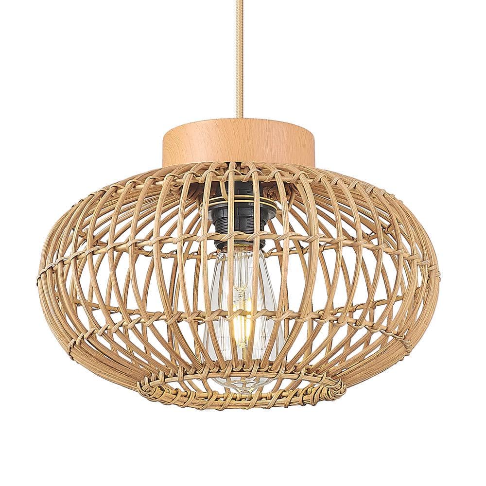 JAZAVA 12 in. 1-Light Wood Pendant Light with Natural Rattan Shade, No ...