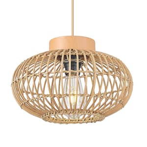 12 in. 1-Light Wood Pendant Light with Natural Rattan Shade, No Bulbs Included