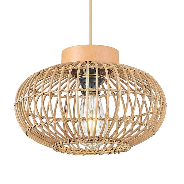 JAZAVA 12 in. 1-Light Wood Pendant Light with Natural Rattan Shade, No Bulbs Included