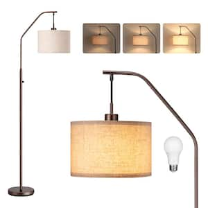 68 in. Brown lacquer 1-Light Smart Arc Dimmable Floor Lamp for Living Room with Fabric Drum Shade