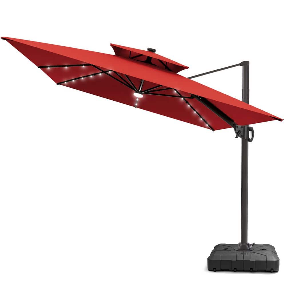 Solar LED Double Top 9 ft. x 11 ft. Outdoor Cantilever 360° Rotation Tiltable Patio Umbrella with Base in Red price history on PriceWatchPro