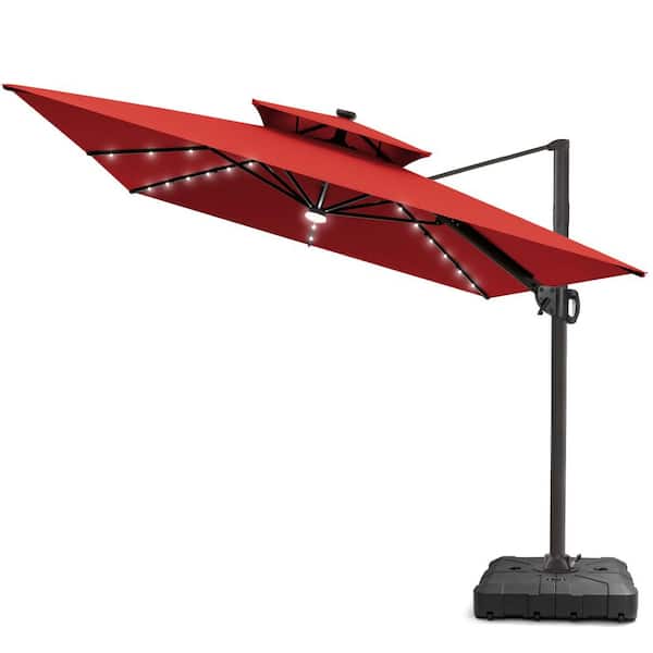 Solar LED Double Top 9 ft. x 11 ft. Outdoor Cantilever 360° Rotation Tiltable Patio Umbrella with Base in Red