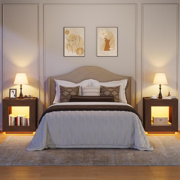 Brown 2-Tier Square Nightstand with Charging Station and LED Lights (Set of 2 )