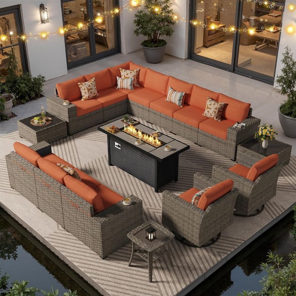 Verdure 16 Pieces Wicker Outdoor Patio Rectangular Fire Pit Set and Swivel Rocking Chairs with Orange Red Cushions