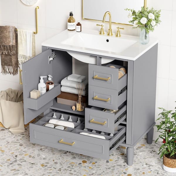 30 in. Single Sink Freestanding Gray Bath Vanity with White Ceramic Top and 3 Drawer Storage Cabinet Unassembled